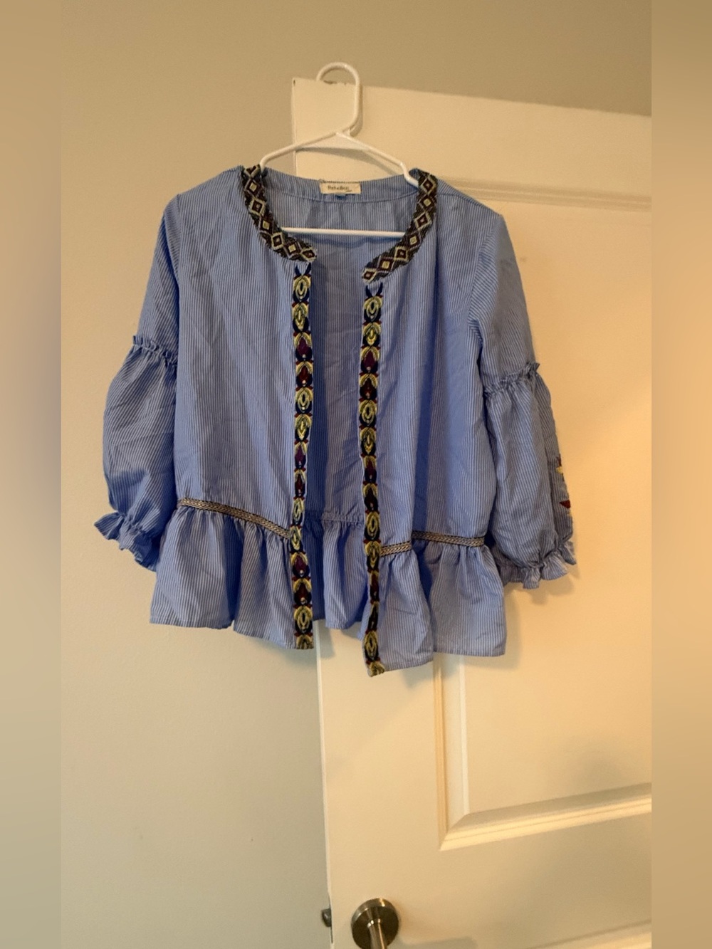 Rebellion Blue Striped Embroidered Ruffle Tunic